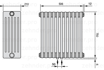 Схема (чертеж) Радиатор Zehnder Charleston 6075/11 №5410 Белый глянцевый RAL 9016